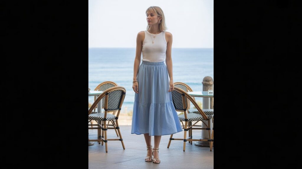 2) Ribbed Tank + Flowing Midi Skirt