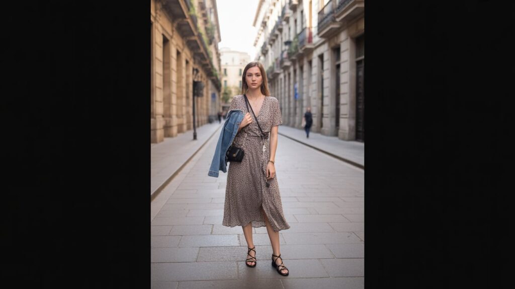 2) Midi Wrap Dress + Supportive Sandals (Gothic Quarter to Wine Bar)