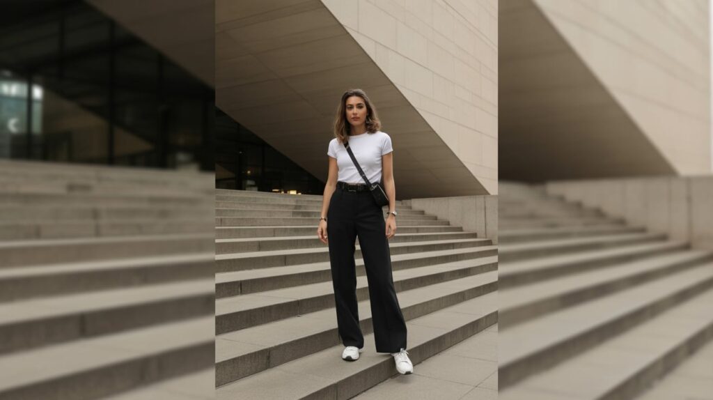 3) Wide-Leg Trousers + Fitted Tee (Museum Day to Late Tapas)