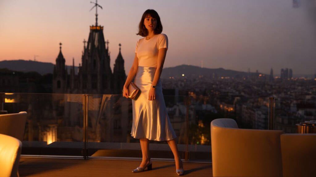 8) Satin Midi Skirt + Tee (Gaudí Day to Rooftop Night)