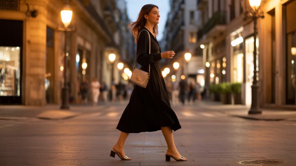 9) Black Midi Dress + Low Heels (All-Day Classic)