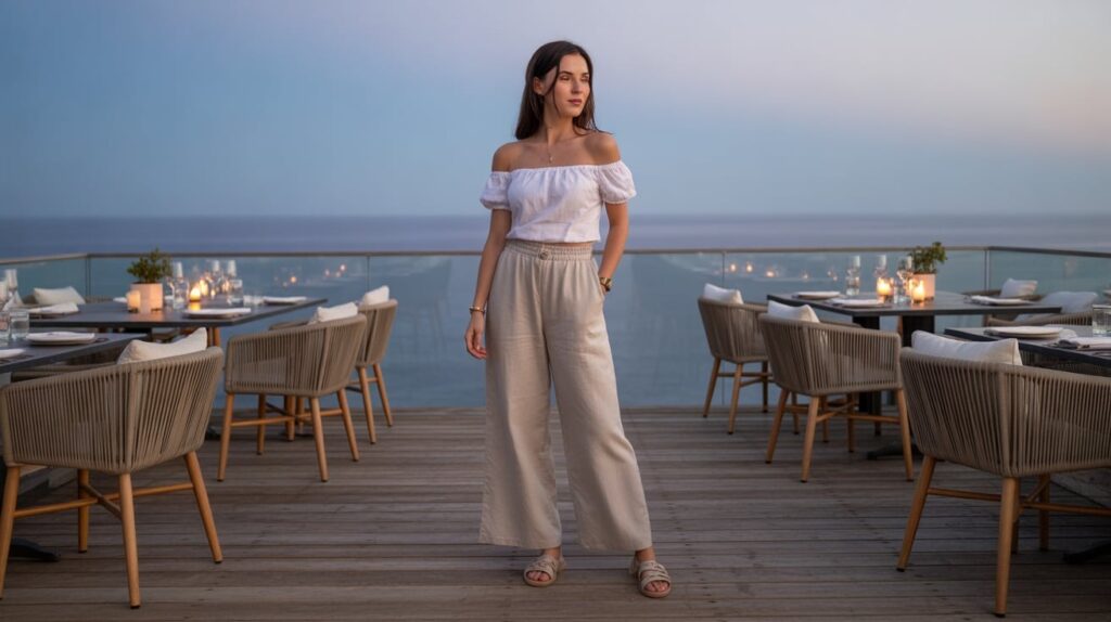 6) Off-Shoulder Top + Linen Pants