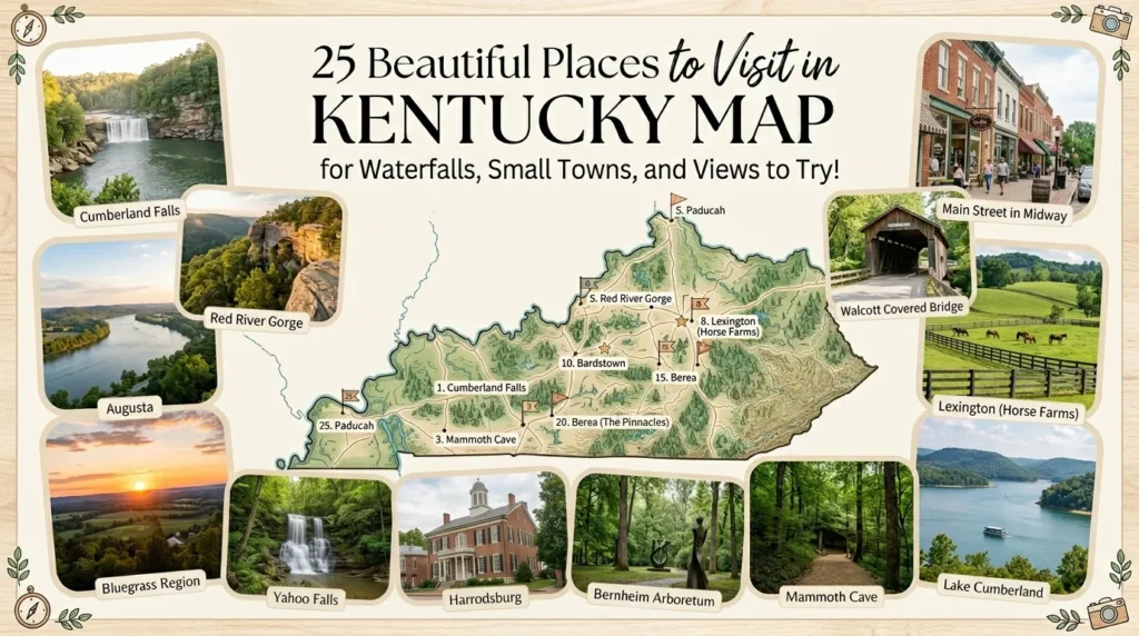 25 Beautiful Places to Visit in Kentucky Map for Waterfalls, Small Towns, and Views to Try!