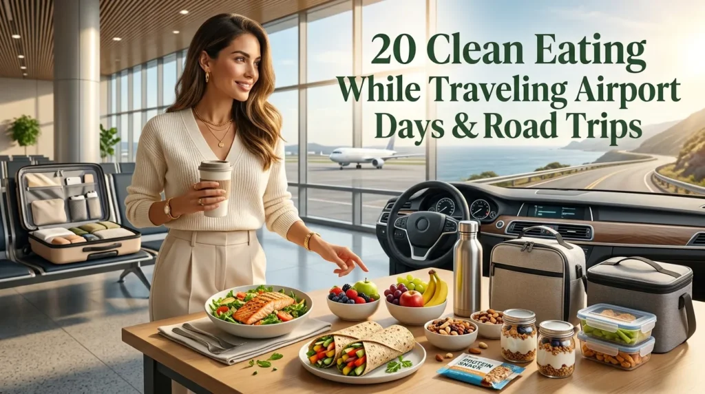 Create an ultra-realistic, premium travel lifestyle feature image for a healthy travel guide blog article. **Image Size:** **16:9 Landscape Ratio** **Style:** Luxury travel editorial photography, wellness lifestyle magazine, Pinterest viral travel inspiration, Condé Nast Traveler quality, photorealistic, ultra-sharp 8K HDR. ### Scene Design a breathtaking travel lifestyle scene featuring a stylish traveler enjoying **clean, healthy meals while traveling**. The image should combine the excitement of airports and road trips with fresh, nutritious food and an organized travel setup. Include: * Modern airport lounge seamlessly transitioning into a scenic road trip setting * Stylish traveler holding a reusable coffee cup and healthy meal container * Fresh salad bowl with grilled chicken or salmon * Whole-grain wrap filled with vegetables * Fresh fruit including berries, grapes, apples, and bananas * Mixed nuts, trail mix, and protein snack packs * Greek yogurt with granola * Reusable stainless-steel water bottle * Organized insulated lunch bag and travel cooler * Healthy snack containers neatly arranged * Open suitcase with organized travel essentials * Car dashboard overlooking a beautiful coastal highway or mountain road * Airplane visible through large airport windows * Bright, clean, modern travel environment ### Design Mood Create a luxurious wellness travel atmosphere that feels fresh, organized, energizing, and inspiring. The image should encourage travelers to make healthy food choices without sacrificing convenience, style, or the excitement of exploring new places. ### Color Palette Warm ivory, cream, soft beige, fresh green, leafy herbs, natural wood, sky blue, citrus yellow, vibrant berries, oatmeal, stainless steel, and soft charcoal accents. ### Lighting Capture the scene in warm morning sunlight. Golden natural light should stream through large airport windows and illuminate the fresh food, travel accessories, and surrounding environment, creating realistic shadows, glowing highlights, and a bright, uplifting editorial atmosphere. ### Photography Details * Professional luxury travel lifestyle photography * 35mm full-frame travel lens * Eye-level composition * Crystal-clear focus across the entire scene * Ultra-realistic food textures and fresh ingredients * High Dynamic Range (HDR) * Exceptional depth and realism * Razor-sharp details * No blur * No distortion * Premium editorial magazine-quality composition ### Pinterest Stop-Scrolling Look Create a breathtaking Pinterest-worthy feature image that instantly captures attention. The image should look like the cover of a luxury wellness travel magazine, combining beautiful healthy food with stylish travel aesthetics. It should immediately inspire viewers to save the guide before their next vacation, airport day, or road trip. ### Add Title Text on Image **"20 Clean Eating While Traveling Airport Days & Road Trips"** ### Text Style * Elegant luxury serif font * Premium wellness travel magazine cover typography * Large, bold, highly readable lettering * Warm charcoal or deep forest green text * Position the title on a clean sky, airport window, or softly blurred background * Keep the healthy food and travel scene fully visible * Balanced Pinterest cover composition with generous white space ### Final Quality Ultra-realistic 8K luxury travel lifestyle photography, warm golden natural lighting, premium wellness styling, Pinterest viral feature image, Condé Nast Traveler-quality composition, HDR realism, razor-sharp details, vibrant fresh food textures, no watermark, no blur, no noise, magazine-cover quality.